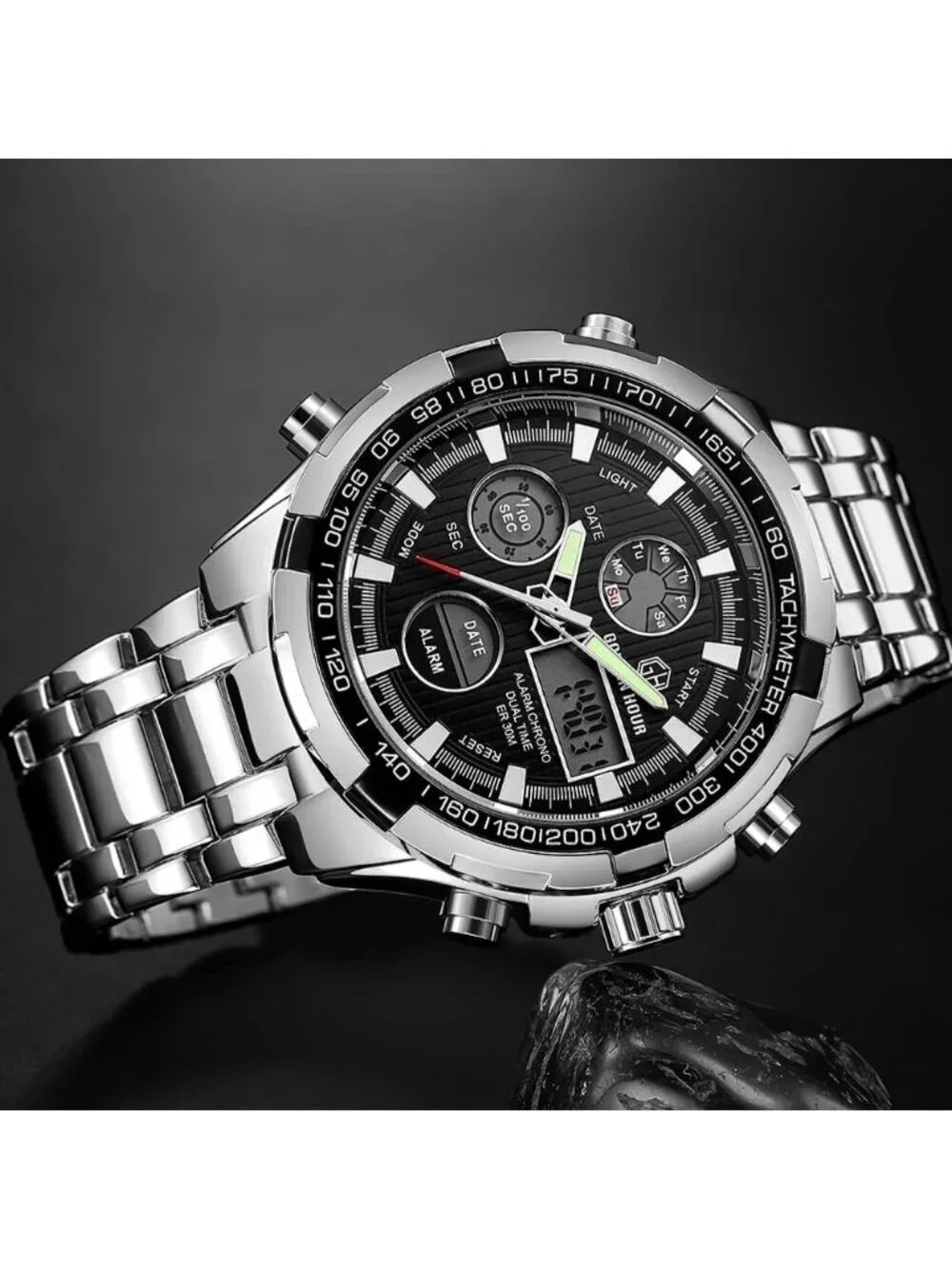Mens Silver Black Dial Stainless Analog Digital Outdoor Waterproof Luxury Watch